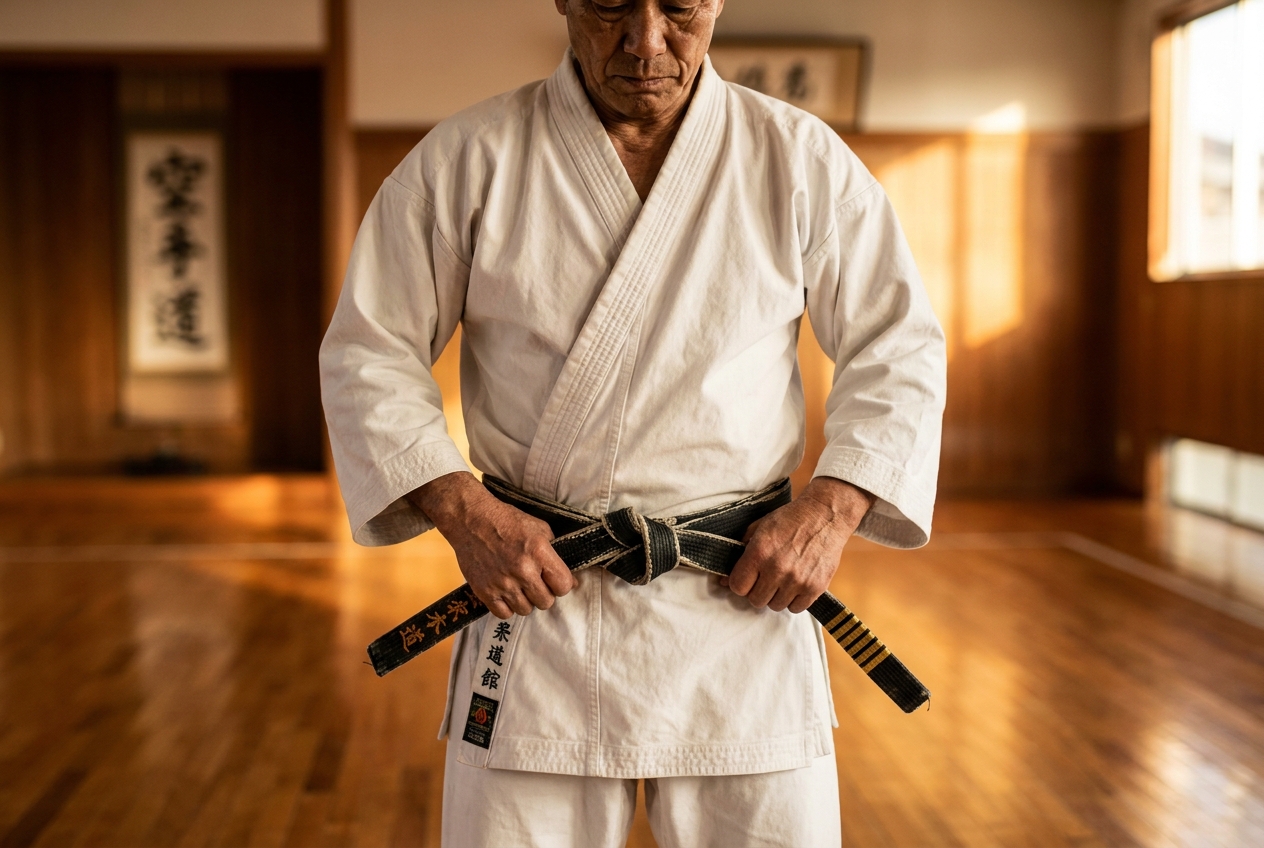 Senior instructor in white gi tightening his worn black belt in the dojo
