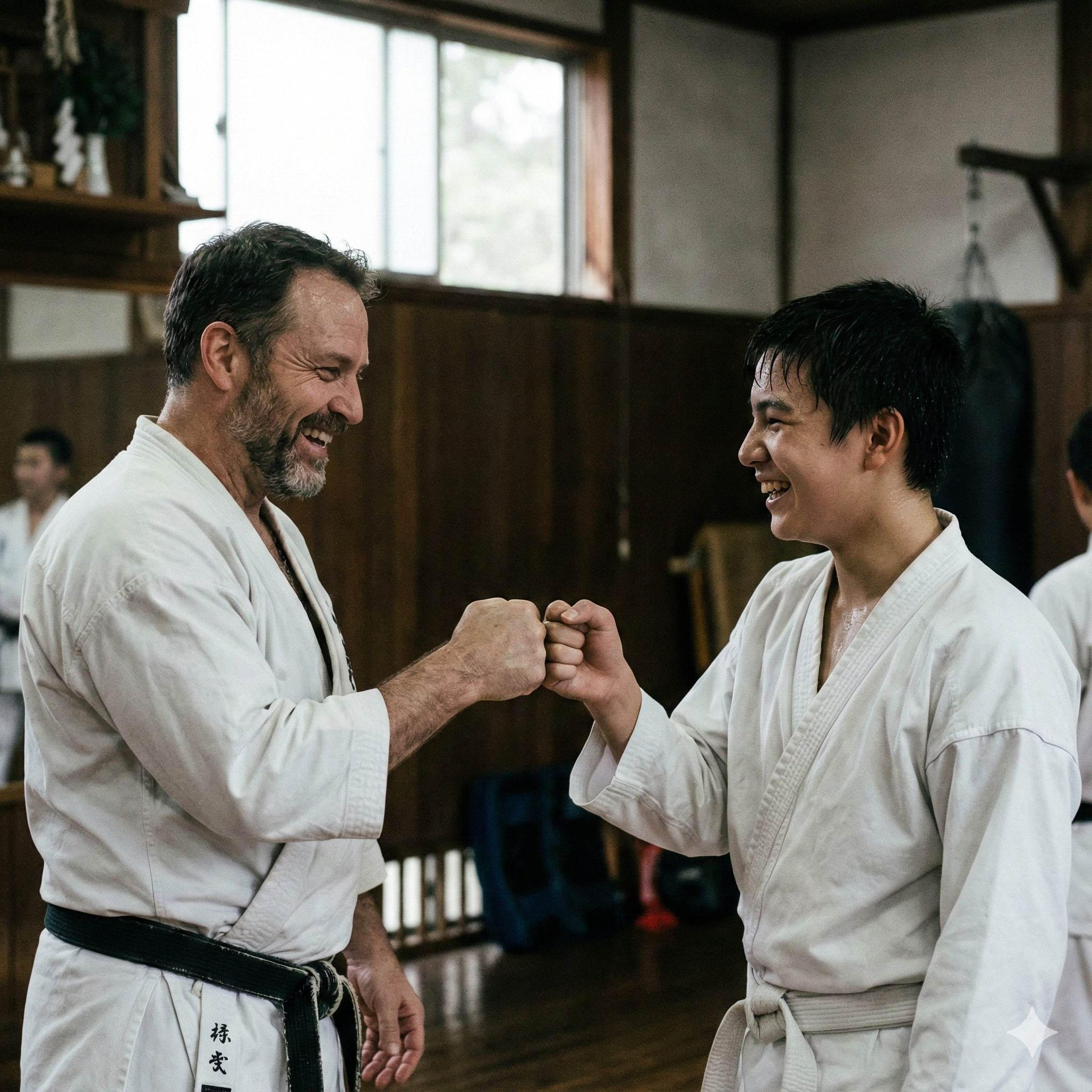 Instructor and student in gi sharing a fist bump after training